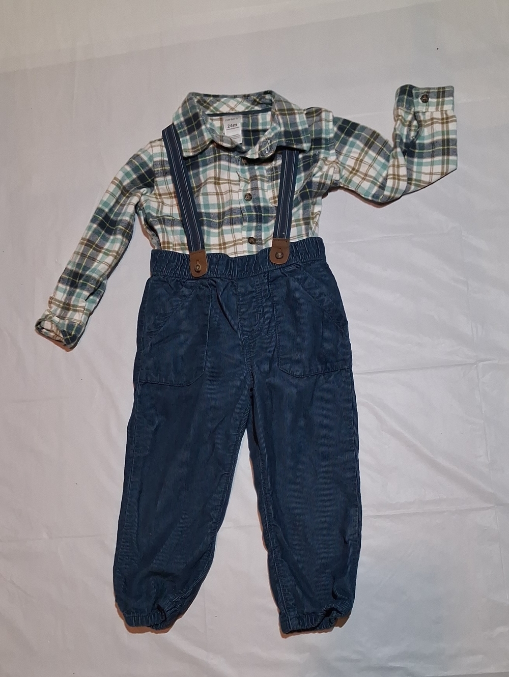 Carterβs Kids 3pc Plaid Button Down & Navy Suspender Pants Outfit Set